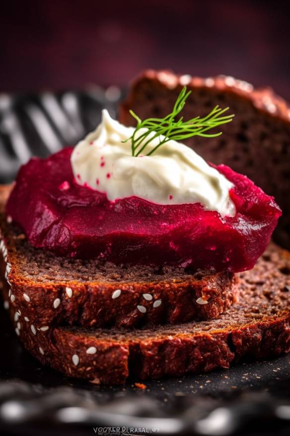 Pumpernickel-Fingerfood mit Frischkäsecreme und Rote Bete auf einem Teller