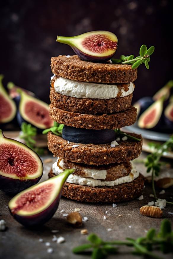 Pumpernickel-Fingerfood mit Ziegenkäse und Feige.