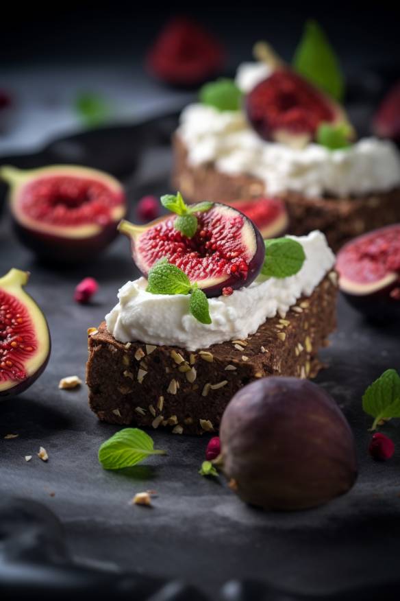 Pumpernickel-Fingerfood mit Ziegenkäse und Feige.