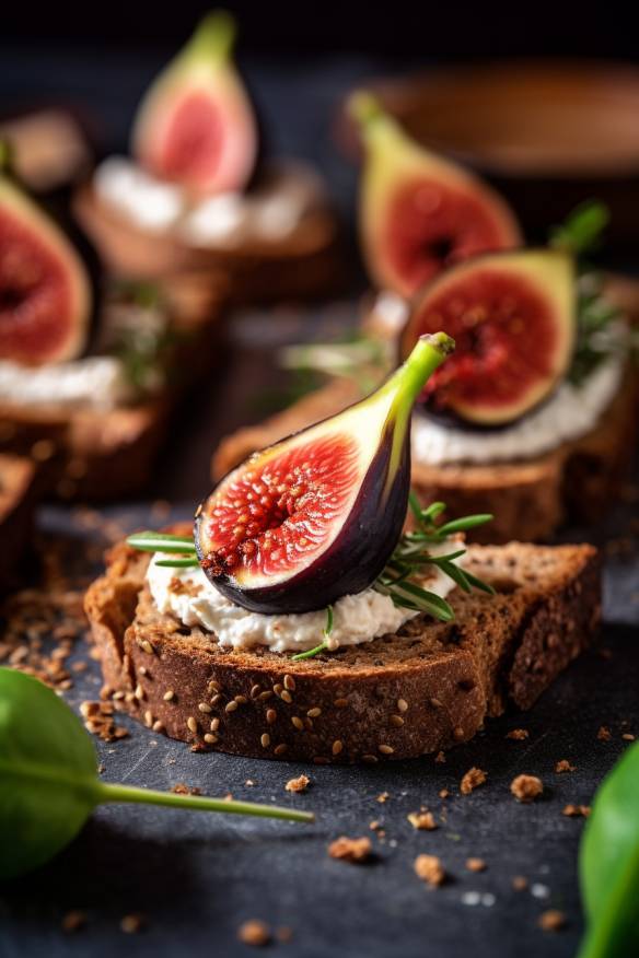 Pumpernickel-Fingerfood mit Ziegenkäse und Feige.