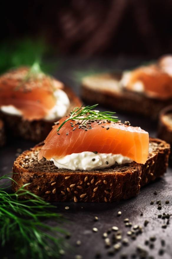 Pumpernickel-Fingerfood mit Frischkäse und Räucherlachs auf einem Teller angerichtet.