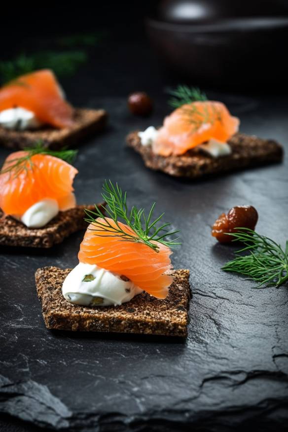 Pumpernickel-Fingerfood mit Frischkäse und Räucherlachs auf einem Teller angerichtet.