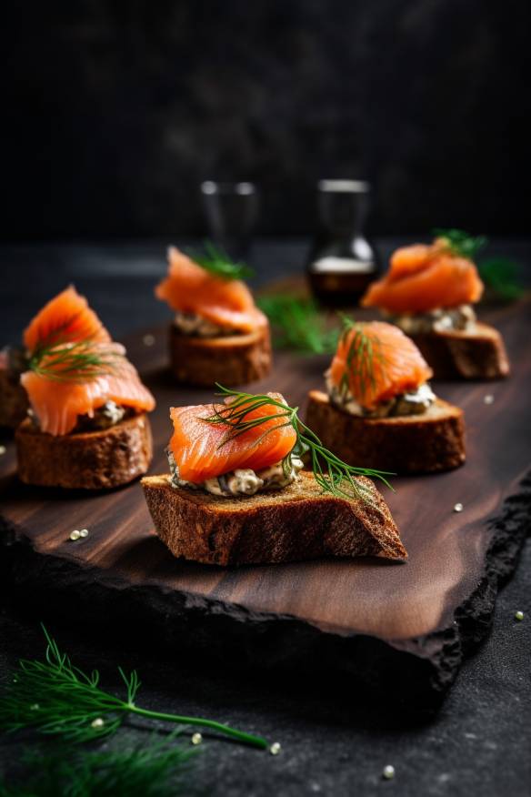 Pumpernickel-Lachs-Fingerfood auf einem Holzbrett angerichtet.