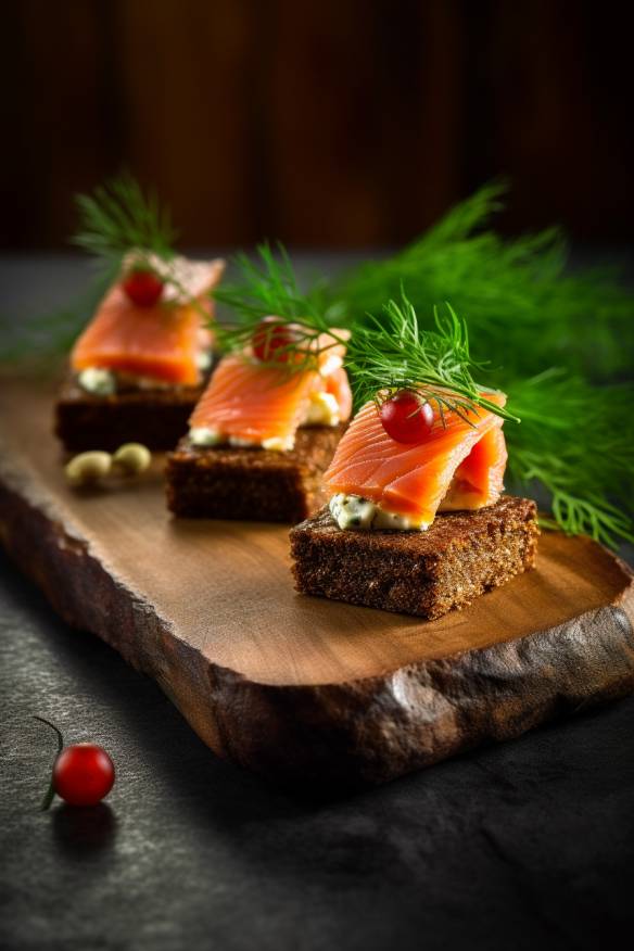 Pumpernickel-Lachs-Fingerfood auf einem Holzbrett angerichtet.