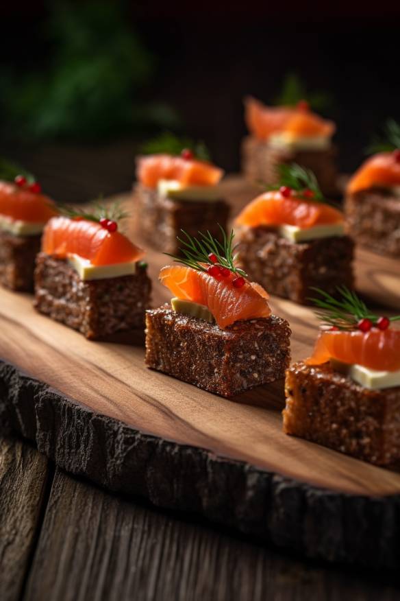 Pumpernickel-Lachs-Fingerfood auf einem Holzbrett angerichtet.