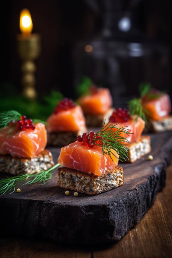 Pumpernickel-Lachs-Fingerfood auf einem Holzbrett angerichtet.