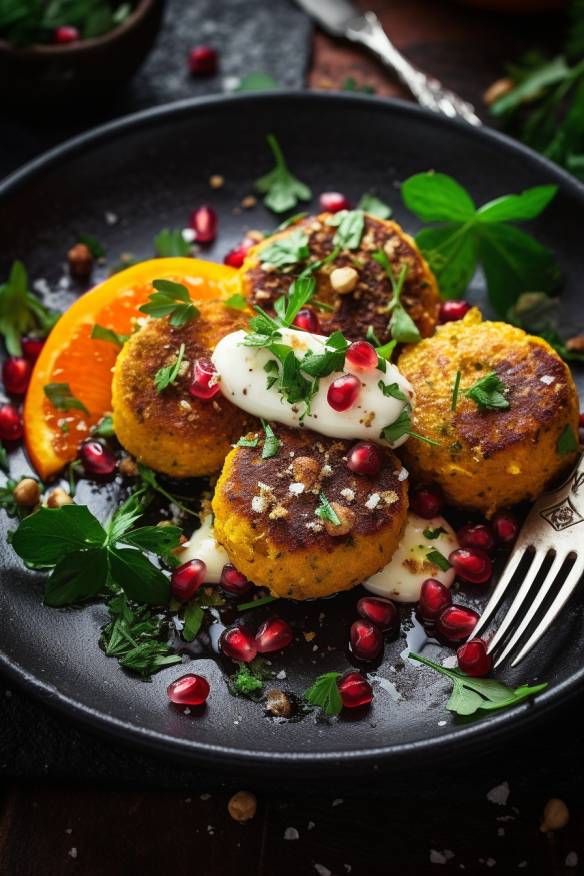 Kürbis-Feta Falafel auf einem Teller.