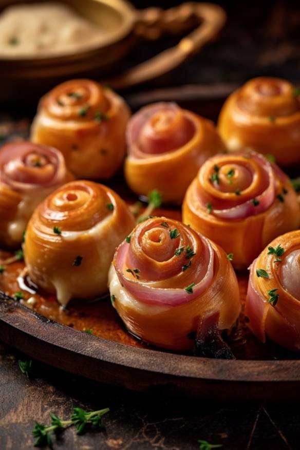 Quark-Öl-Teig-Schnecken mit Schinken und Käse auf einem Teller angerichtet.