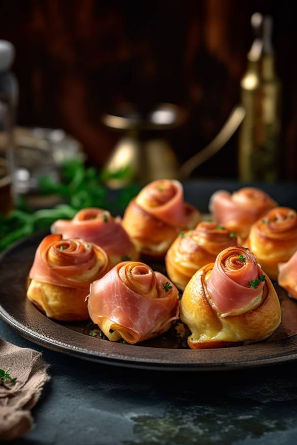 Quark-Öl-Teig-Schnecken mit Schinken und Käse auf einem Teller angerichtet.