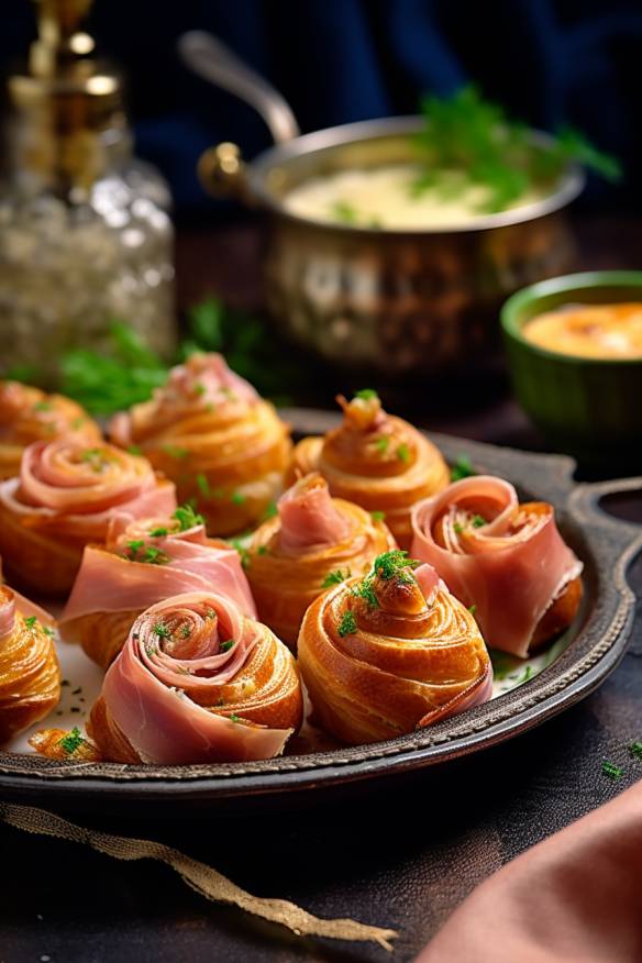 Quark-Öl-Teig-Schnecken mit Schinken und Käse auf einem Teller angerichtet.