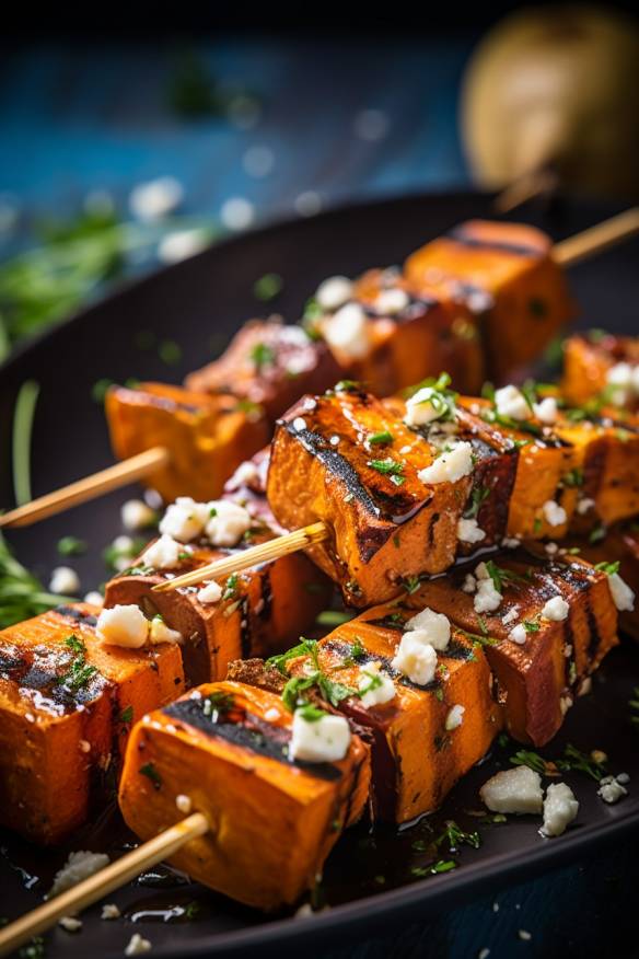 Schnelle gegrillte Süßkartoffel-Feta-Spieße