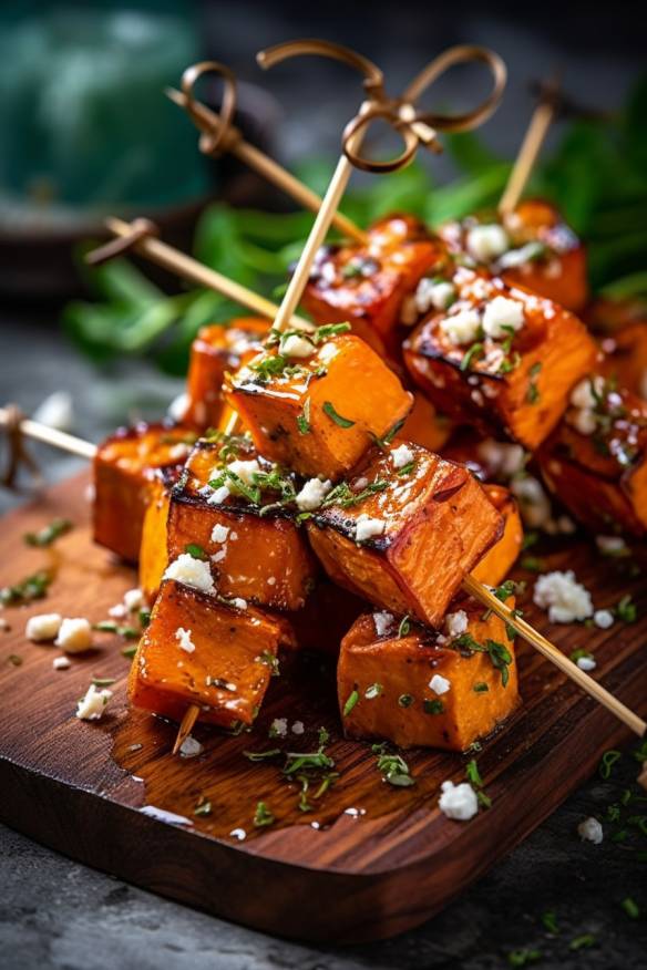 Schnelle gegrillte Süßkartoffel-Feta-Spieße