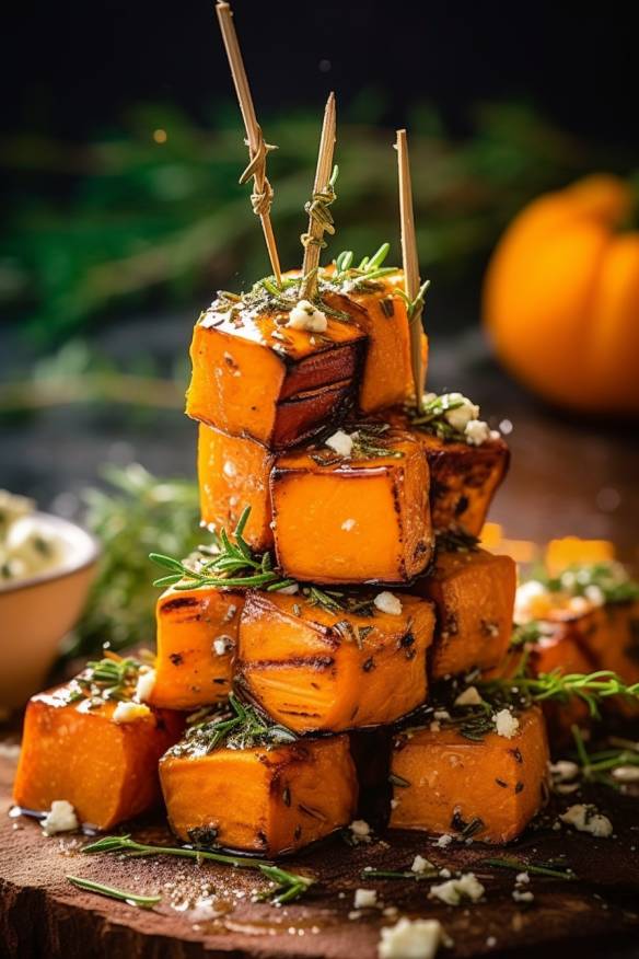 Schnelle gegrillte Süßkartoffel-Feta-Spieße