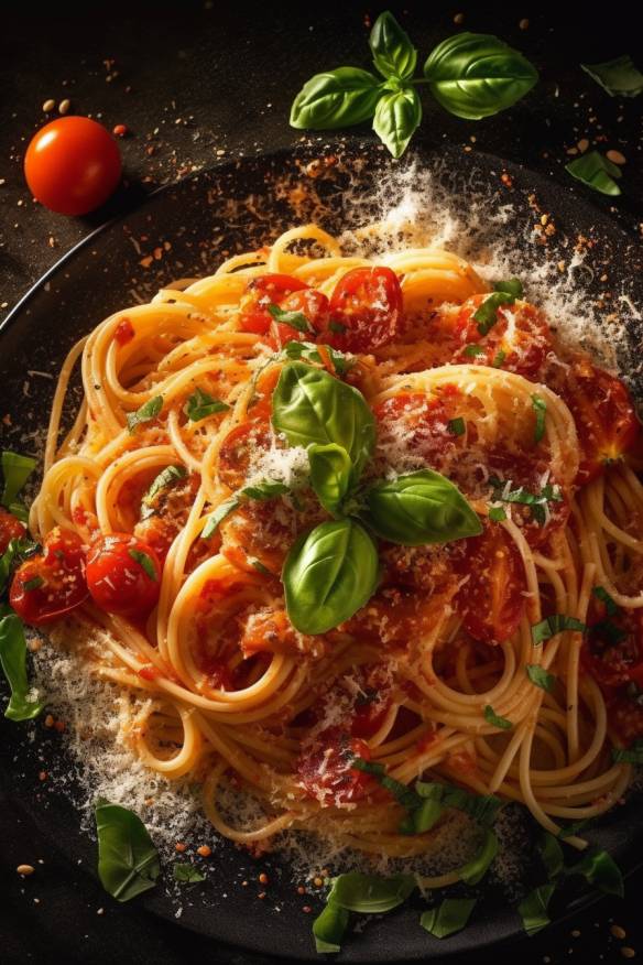 Schnelles Tomaten-Basilikum-Nudelgericht mit Spaghetti und Parmesan