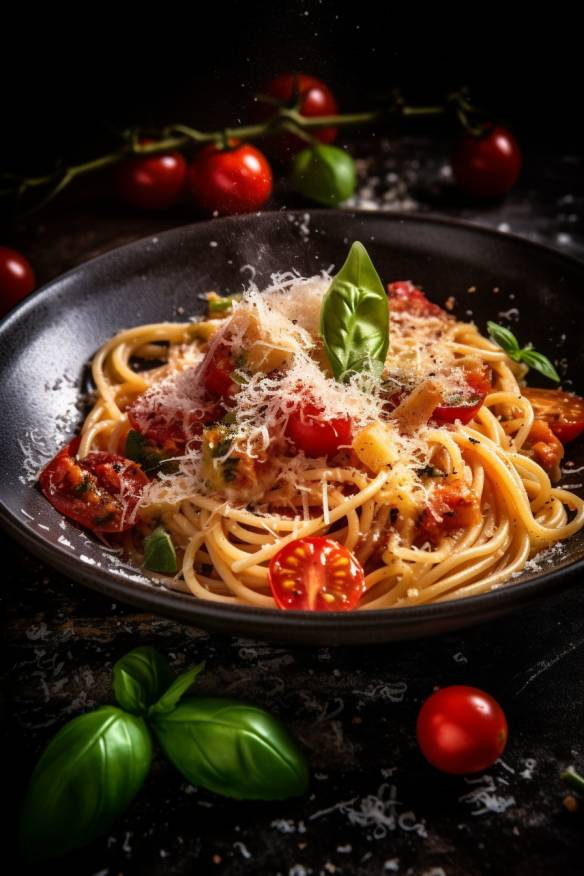 Schnelles Tomaten-Basilikum-Nudelgericht mit Spaghetti und Parmesan