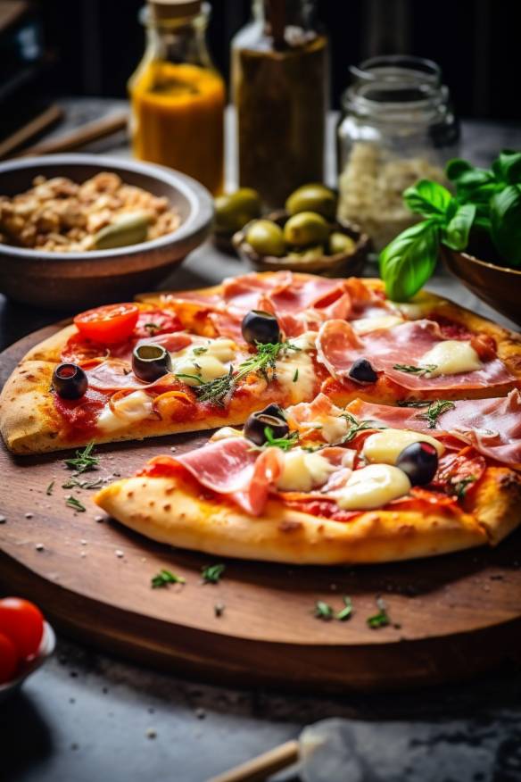 Schnelle Fingerfood-Pizza mit Schinken, Paprika, Oliven und Mozzarella