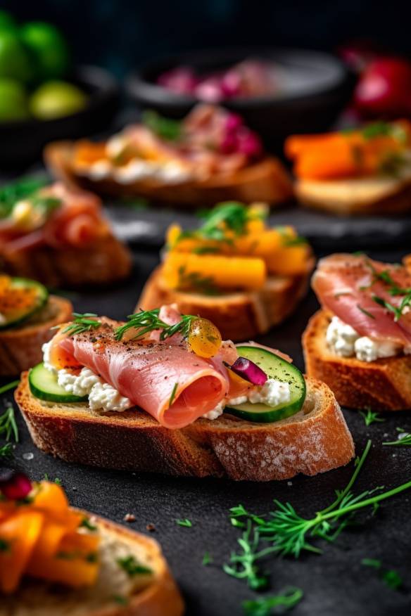 Schnelles kaltes Fingerfood mit Gemüse und Schinken auf Baguette