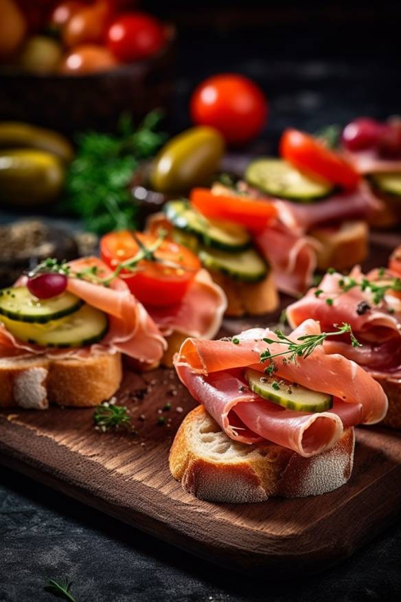 Schnelles kaltes Fingerfood mit Gemüse und Schinken auf Baguette