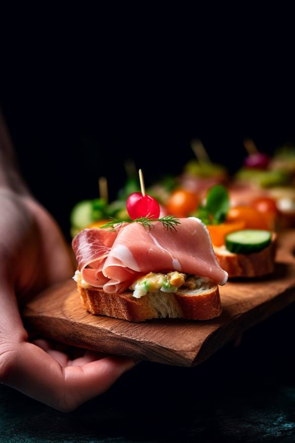 Schnelles kaltes Fingerfood mit Gemüse und Schinken auf Baguette