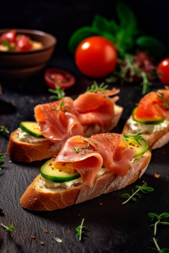 Schnelles kaltes Fingerfood mit Gemüse und Schinken auf Baguette