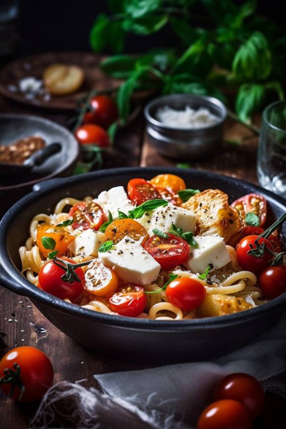 Schnelles und einfaches Pasta-Gericht mit Tomaten und Mozzarella