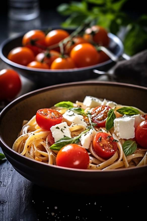 Schnelles und einfaches Pasta-Gericht mit Tomaten und Mozzarella