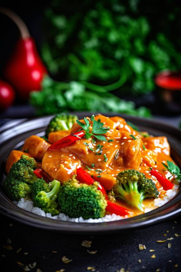 Schnelles Hähnchen-Curry mit Brokkoli und Paprika auf einem Teller angerichtet.