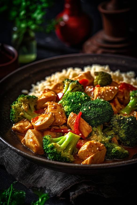 Schnelles Hähnchen-Curry mit Brokkoli und Paprika auf einem Teller angerichtet.