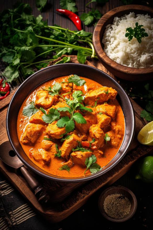 Schnelles Hähnchen-Curry mit Kokosmilch in einer Schüssel serviert.