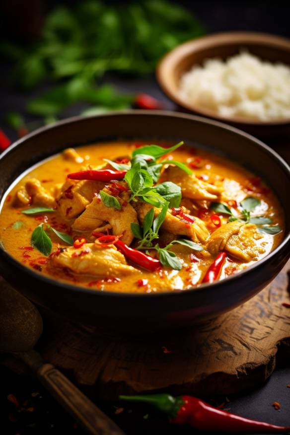 Schnelles Hähnchen-Curry mit Kokosmilch in einer Schüssel serviert.