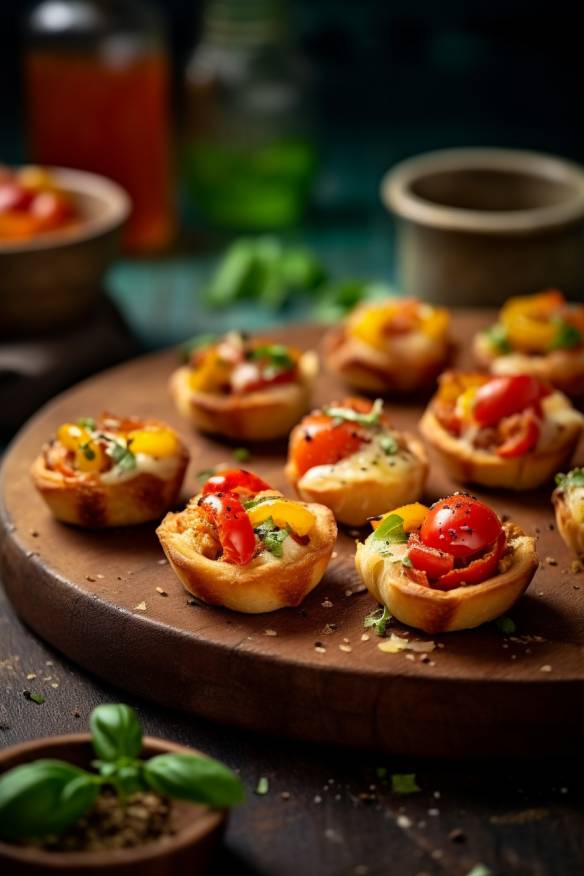 Schnelle Mini-Pizza-Häppchen mit Pizzateig, Tomaten und Paprika.