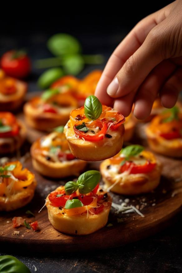 Schnelle Mini-Pizza-Häppchen mit Pizzateig, Tomaten und Paprika.