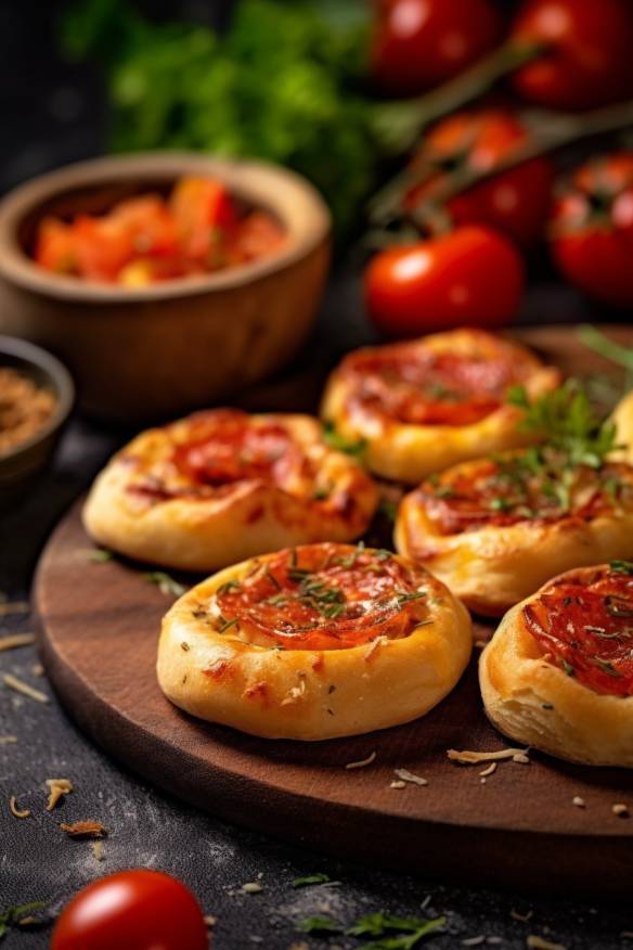 Schnelle Mini-Pizza-Häppchen mit Pizzateig, Tomaten und Paprika.