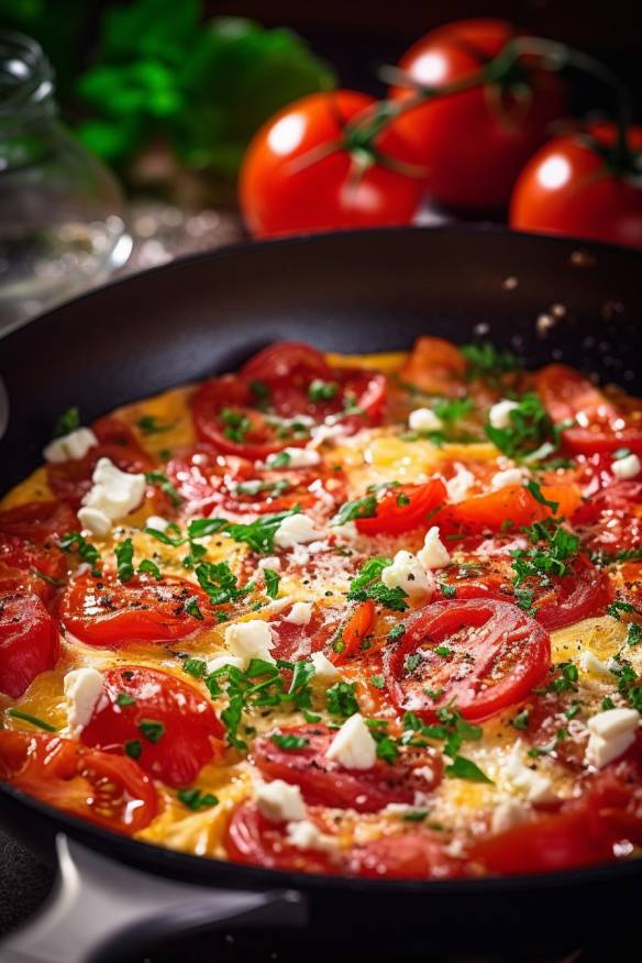 Schnelles Omelett mit Tomaten und Feta in der Pfanne.