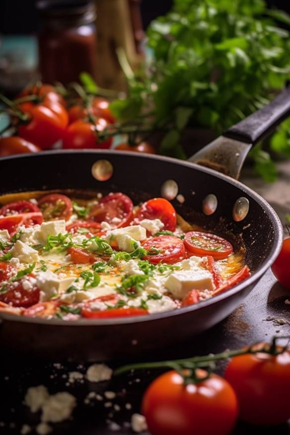 Schnelles Omelett mit Tomaten und Feta in der Pfanne.