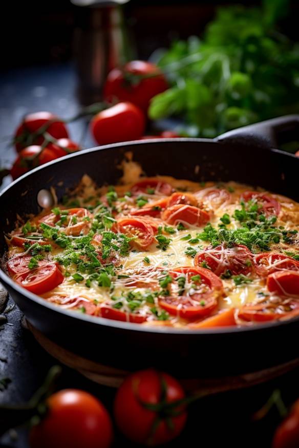 Schnelles Omelett mit Tomaten und Feta in der Pfanne.