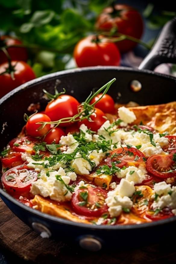 Schnelles Omelett mit Tomaten und Feta in der Pfanne.