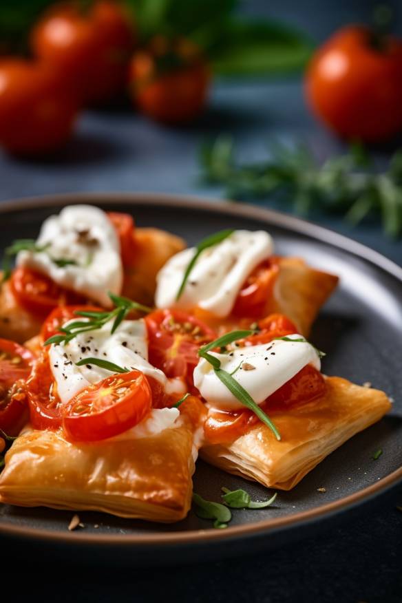 Schnelle Blätterteig-Häppchen mit Tomate und Mozzarella auf einem Teller angerichtet.