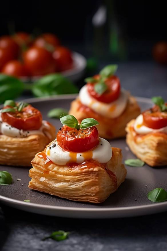 Schnelle Blätterteig-Häppchen mit Tomate und Mozzarella auf einem Teller angerichtet.