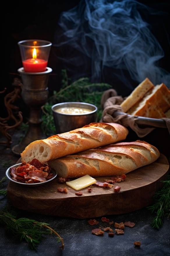 Schneller herzhafter Snack mit Baguette, Speck und Käse