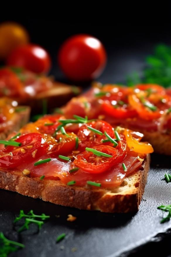 Schnelle Toast-Häppchen mit Tomaten, Paprika und Schinken.