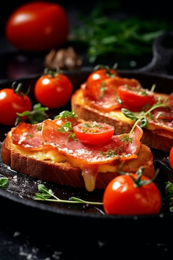 Schnelle Toast-Häppchen mit Tomaten, Paprika und Schinken.