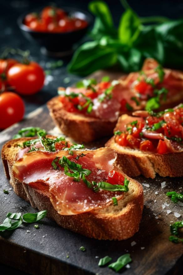 Schnelle Toast-Häppchen mit Tomaten, Paprika und Schinken.