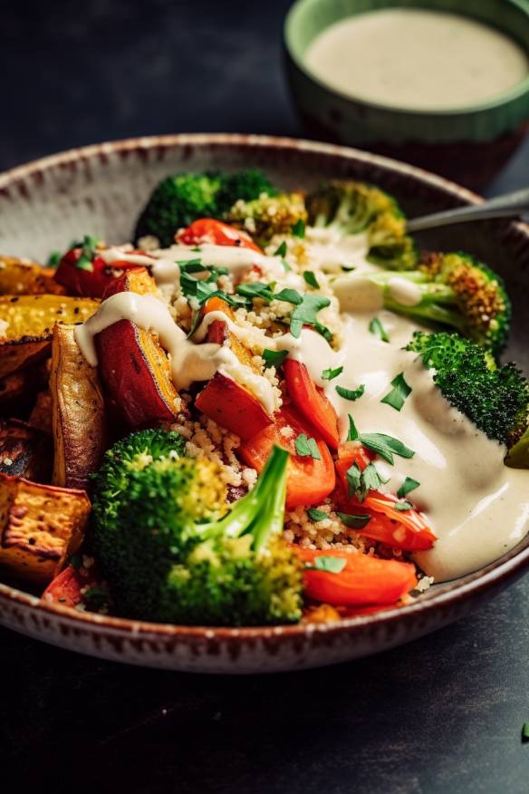 Quinoa Bowl mit geröstetem Gemüse und Tahini-Dressing