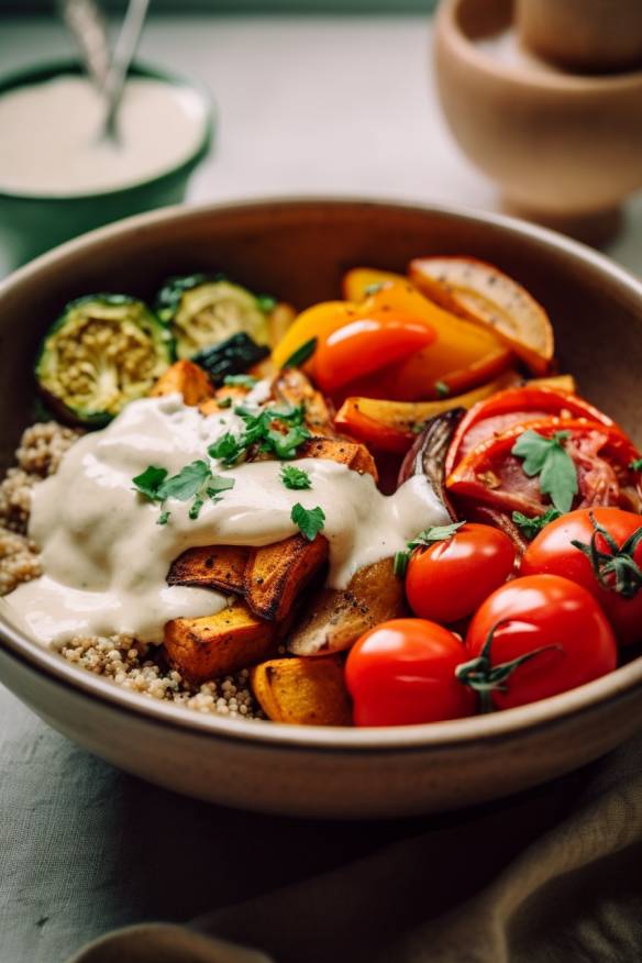 Quinoa-Bowl mit geröstetem Gemüse und Tahini-Dressing