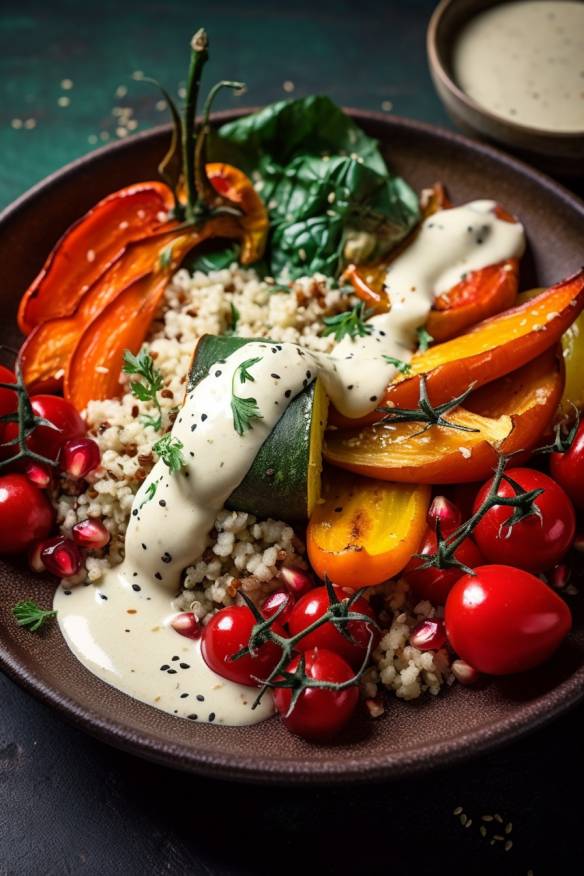 Quinoa-Bowl mit geröstetem Gemüse und Tahini-Dressing