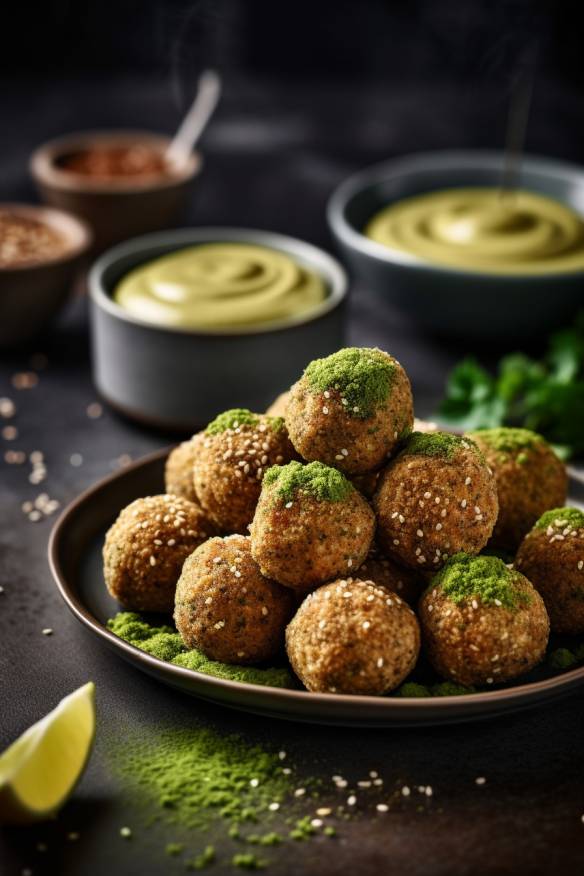 Quinoa-Bällchen mit Avocado-Dip auf einem Teller angerichtet.