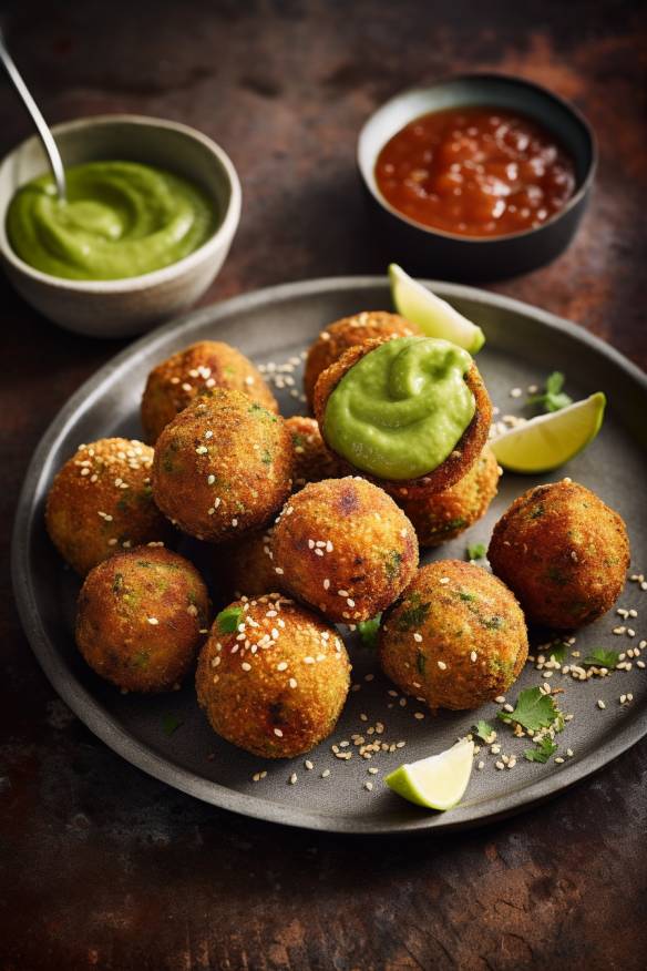 Quinoa-Bällchen mit Avocado-Dip auf einem Teller angerichtet.