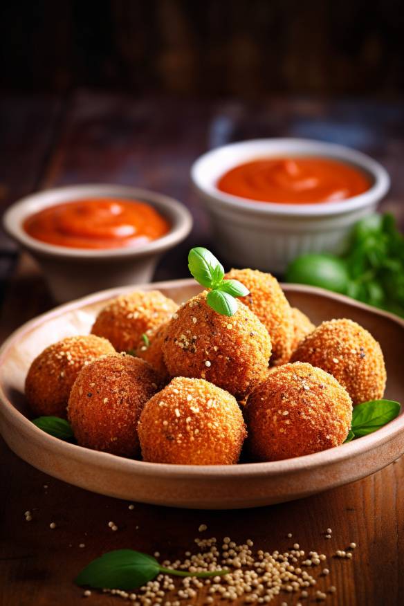 Quinoa-Bällchen mit Tomaten-Dip auf einem Teller