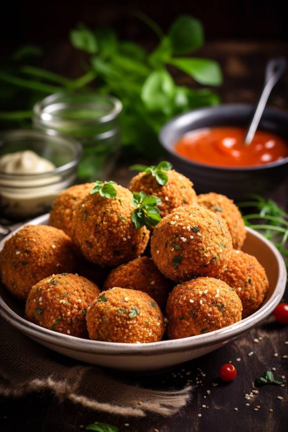 Quinoa-Bällchen mit Tomaten-Dip auf einem Teller